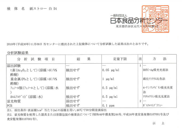 紙ストローの検査成績書の画像